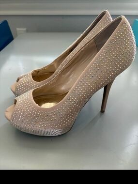JLo Women's Nude Blush Crystal Peep-Toe Stiletto Heels